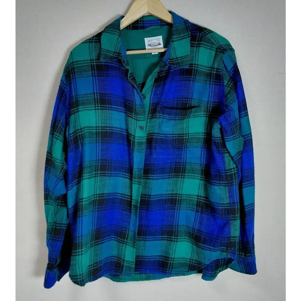 American Eagle Collared Blue Plaid Flannel Button-Up Shirt Women Size M